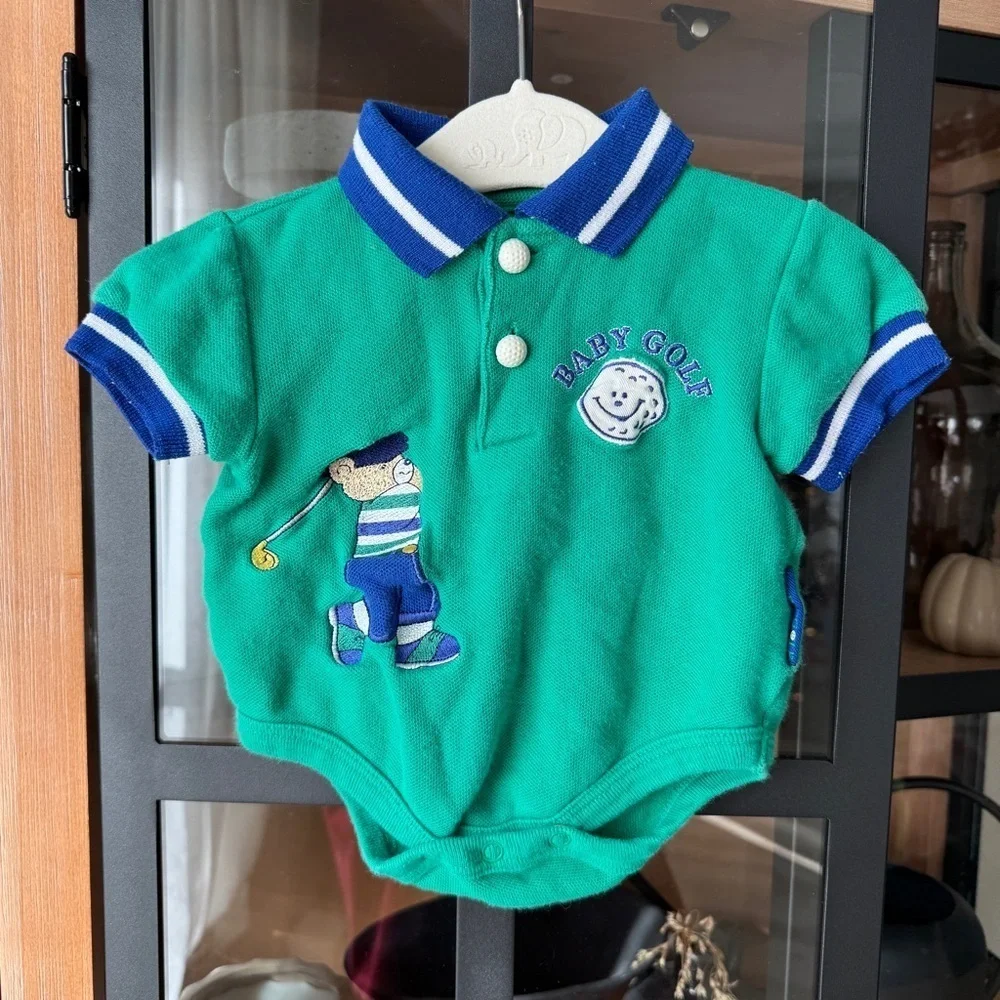Vintage Baby Golf teddy bear embroidered polo onesie boys kelly short sleeve